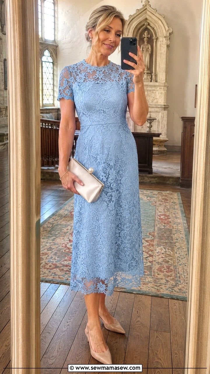 Lace Midi Dress With Kitten Heels - 30 spring wedding guest outfits for women over 40