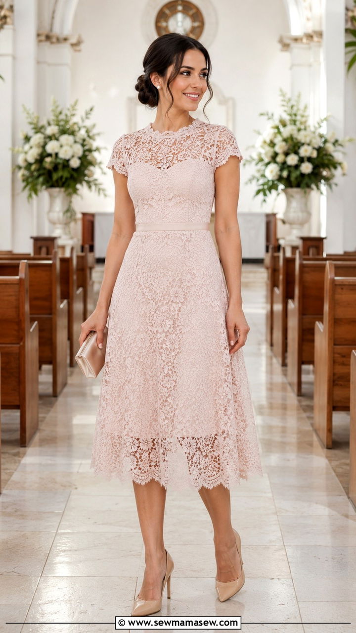 Lace Midi Dress With Nude Pumps - 25 Wedding guest outfit ideas 5'4