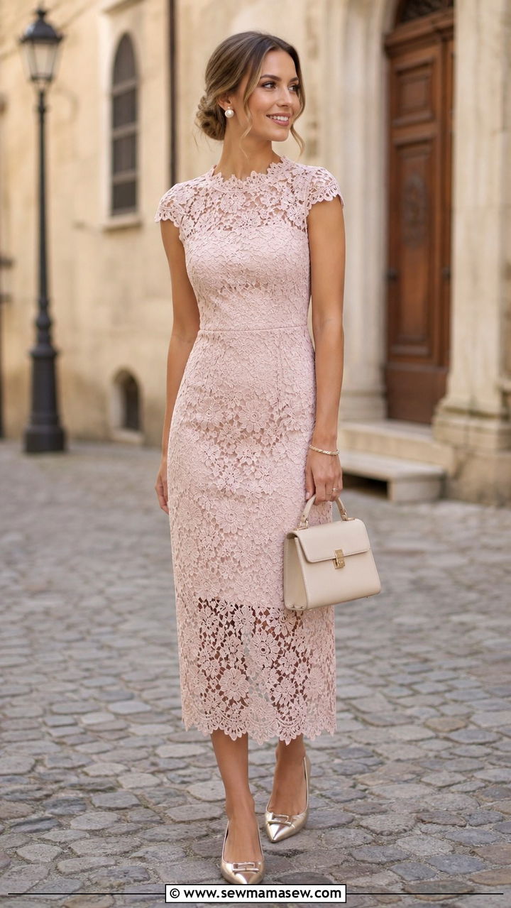 Lace Midi Dress With Pointed Toe Flats - 40 Destination wedding guest outfits