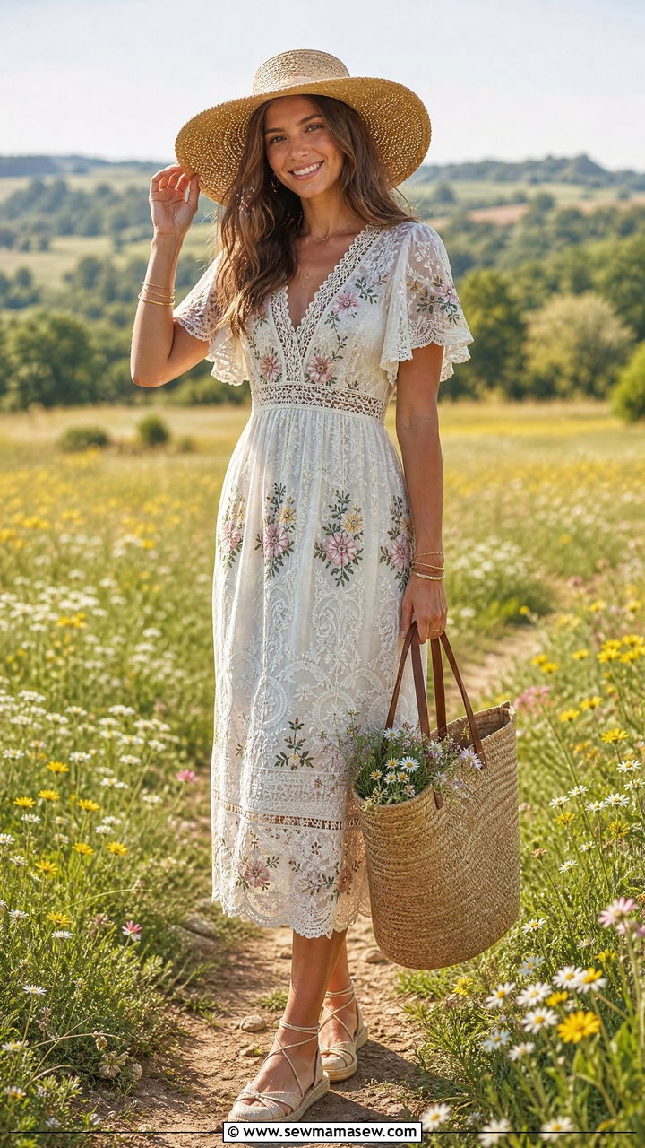 Lace Midi Dress With Straw Hat Outfit - 25 lace outfits 2026