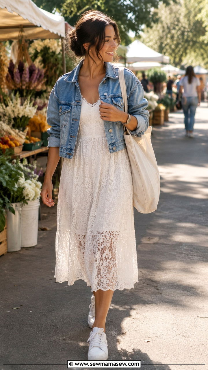 Lace Midi Dress With White Sneakers - 30 romantic outfit ideas for women