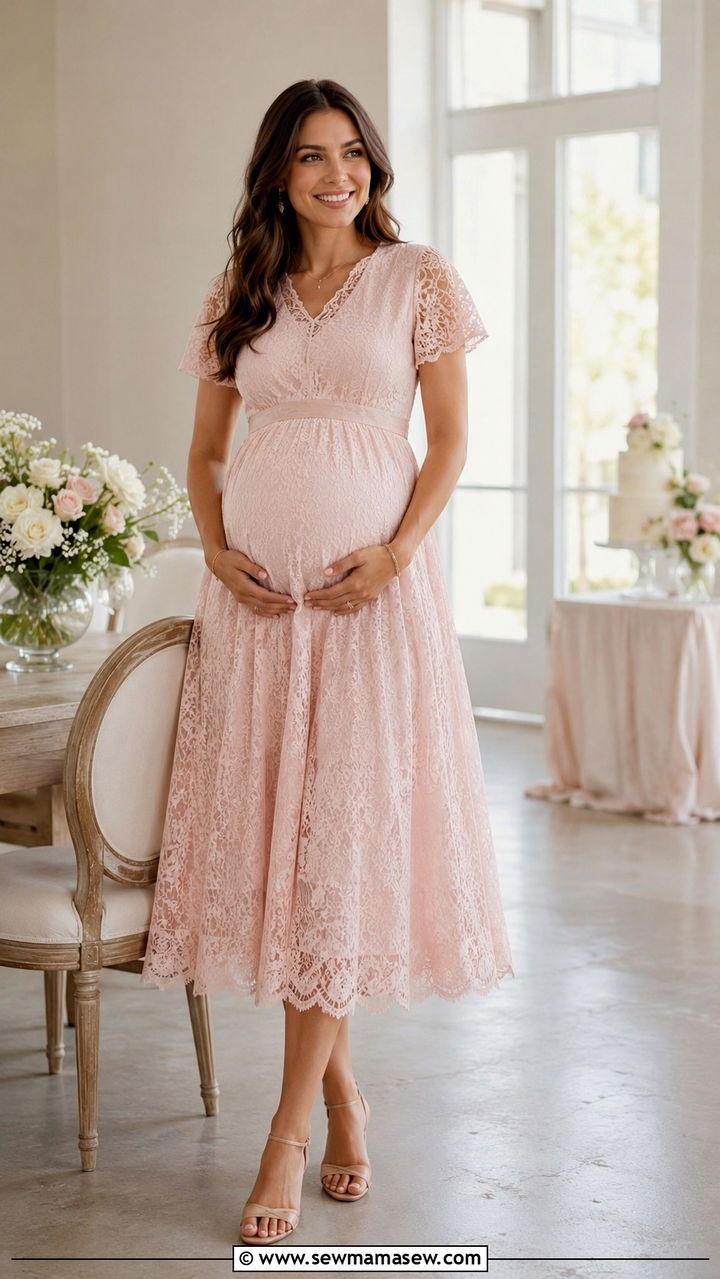 Lace Midi Dress and Strappy Heels - 30 classy baby shower outfit ideas