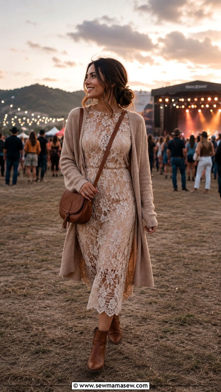 Lace Midi Dress with Ankle Boots - 30 modest music festival outfit ideas