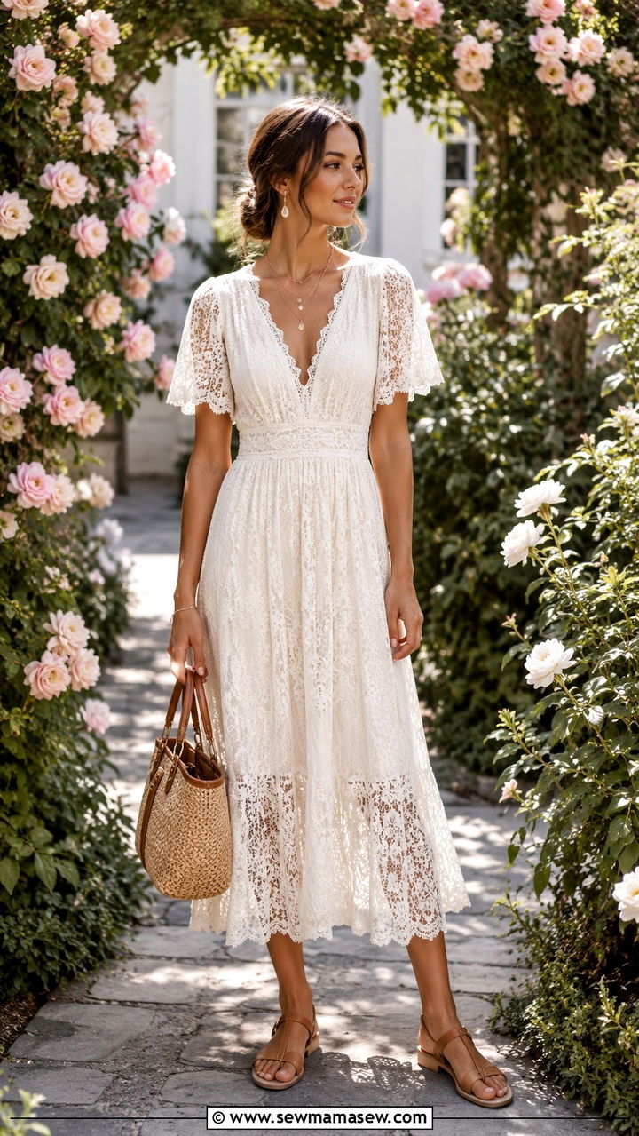 Lace Midi Dress with Leather Sandals - 30 classy boho chic outfits