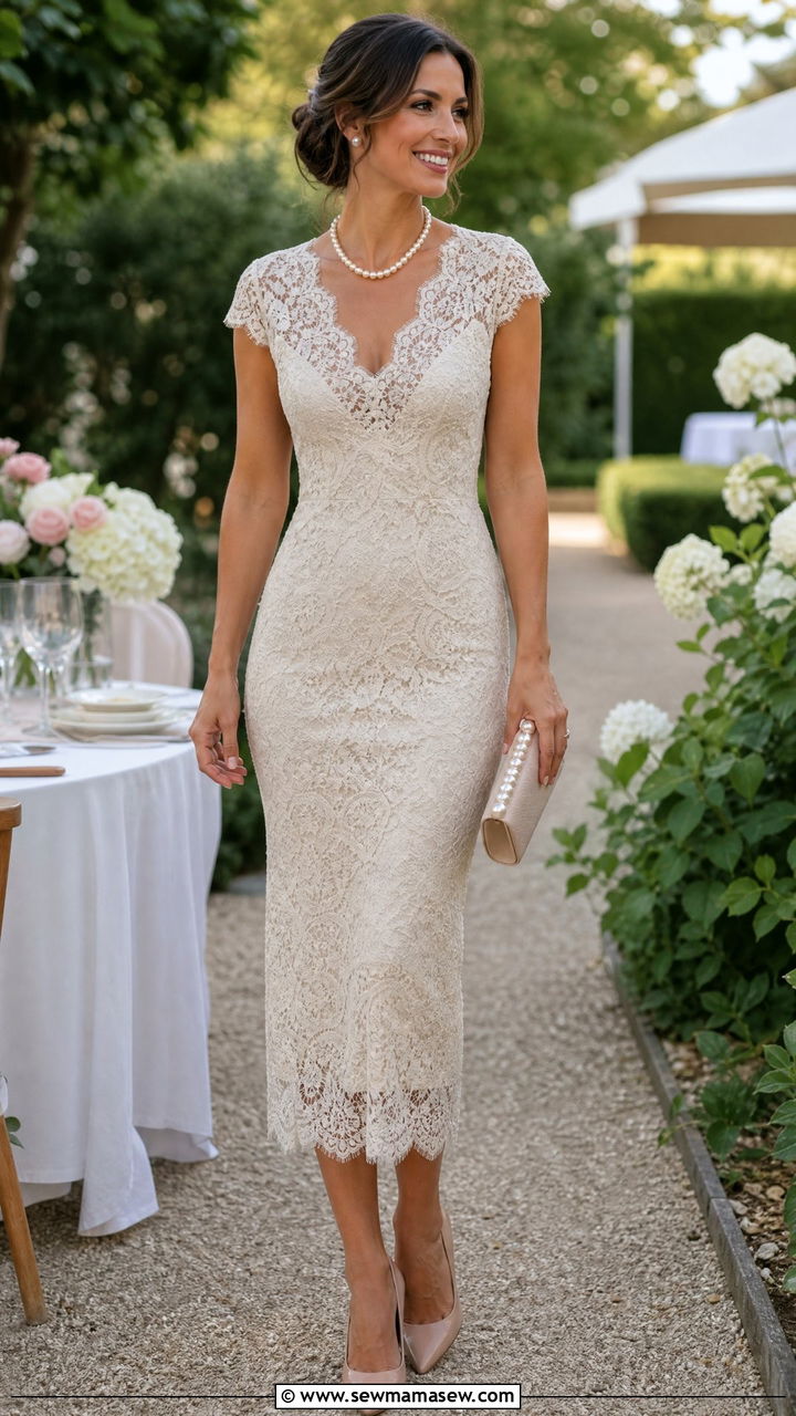 Lace Midi Dress with Pearl Accessories - 30 Feminine outfit ideas