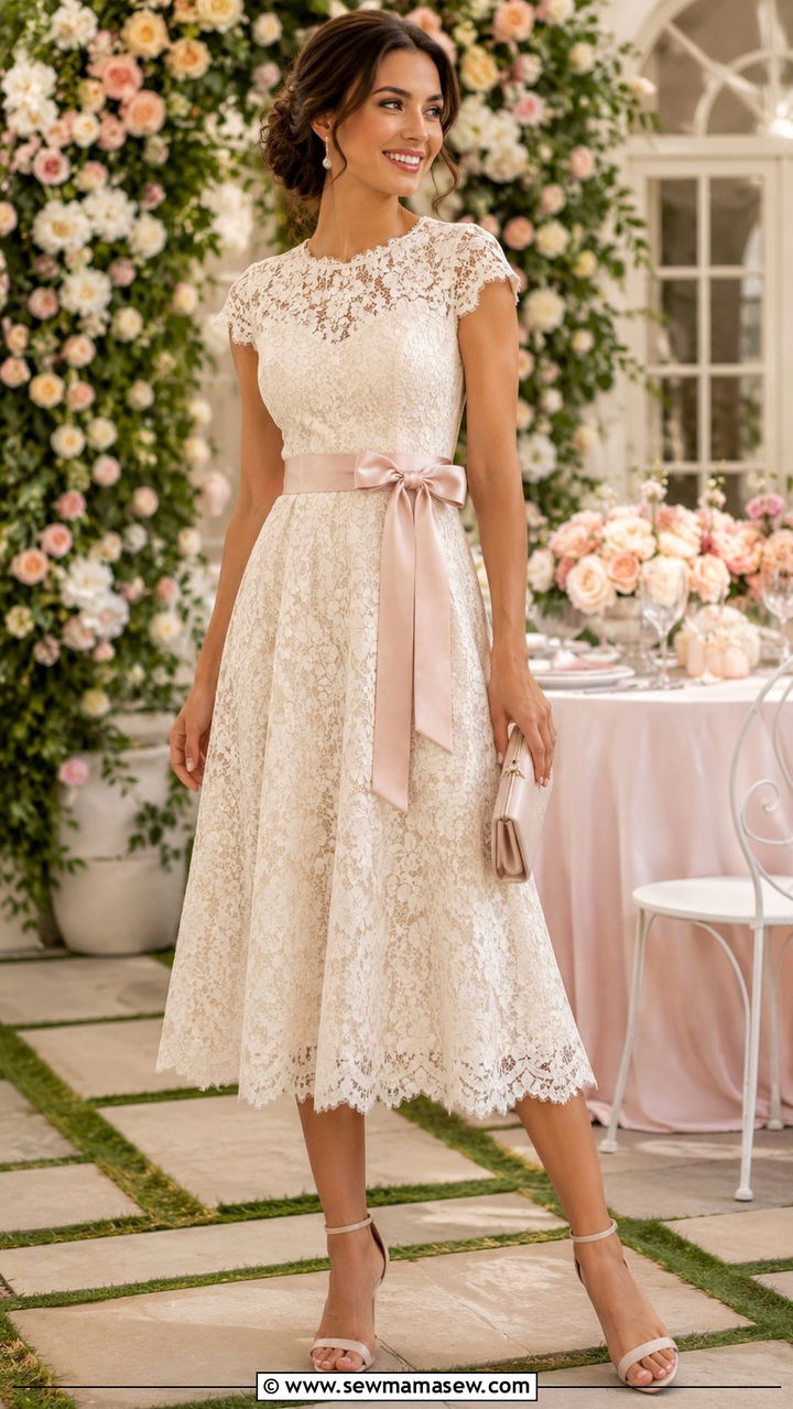 Lace Midi Dress with Satin Ribbon Belt and Delicate Heels - 30 Midi dress outfit ideas with a belt