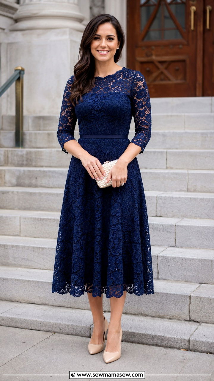 Lace Midi Dress with Three Quarter Sleeves - 20 Wedding guest outfit ideas Jewish wedding