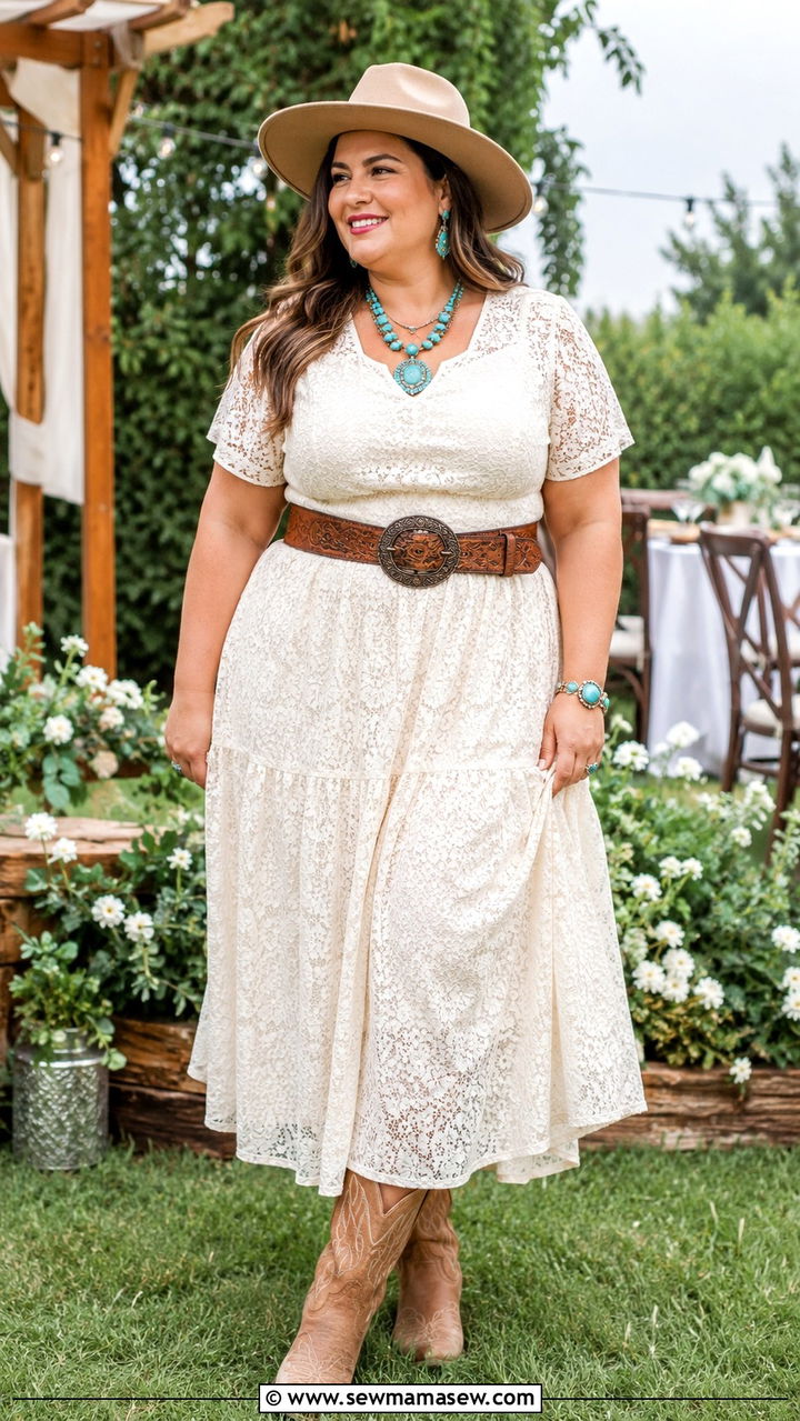Lace Midi Dress with Western Belt - 25 Plus size outfit ideas western