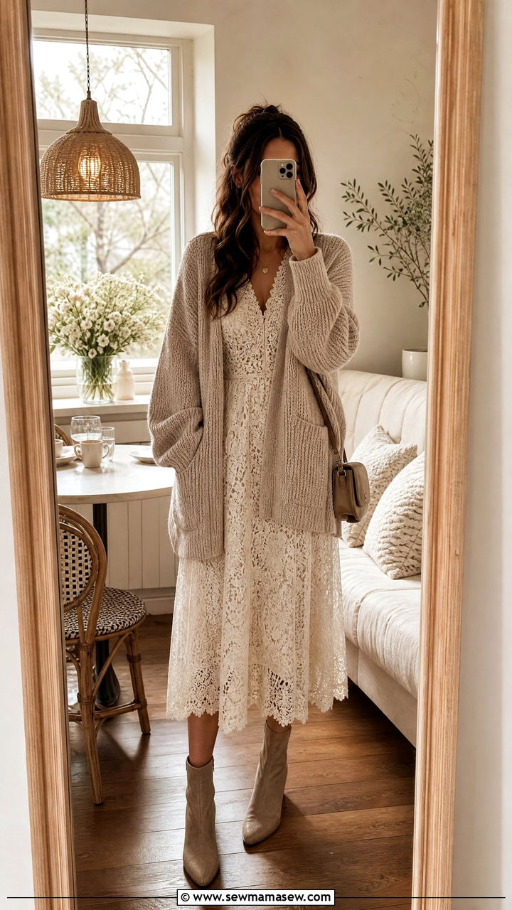 Lace Midi Dress with a Chunky Cardigan - 25 Brunch outfit ideas with a midi dress