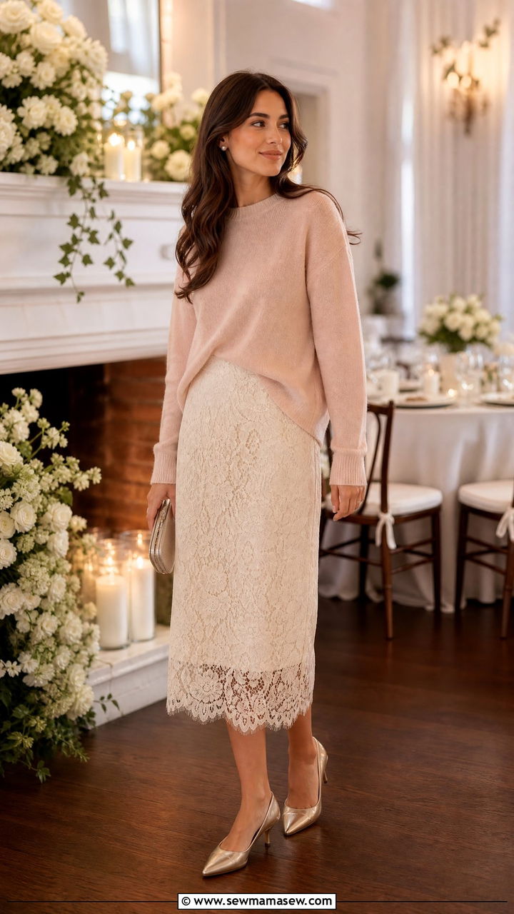 Lace Midi Skirt Paired With Cashmere Sweater Wedding Look - 25 How to style a midi skirt for a wedding