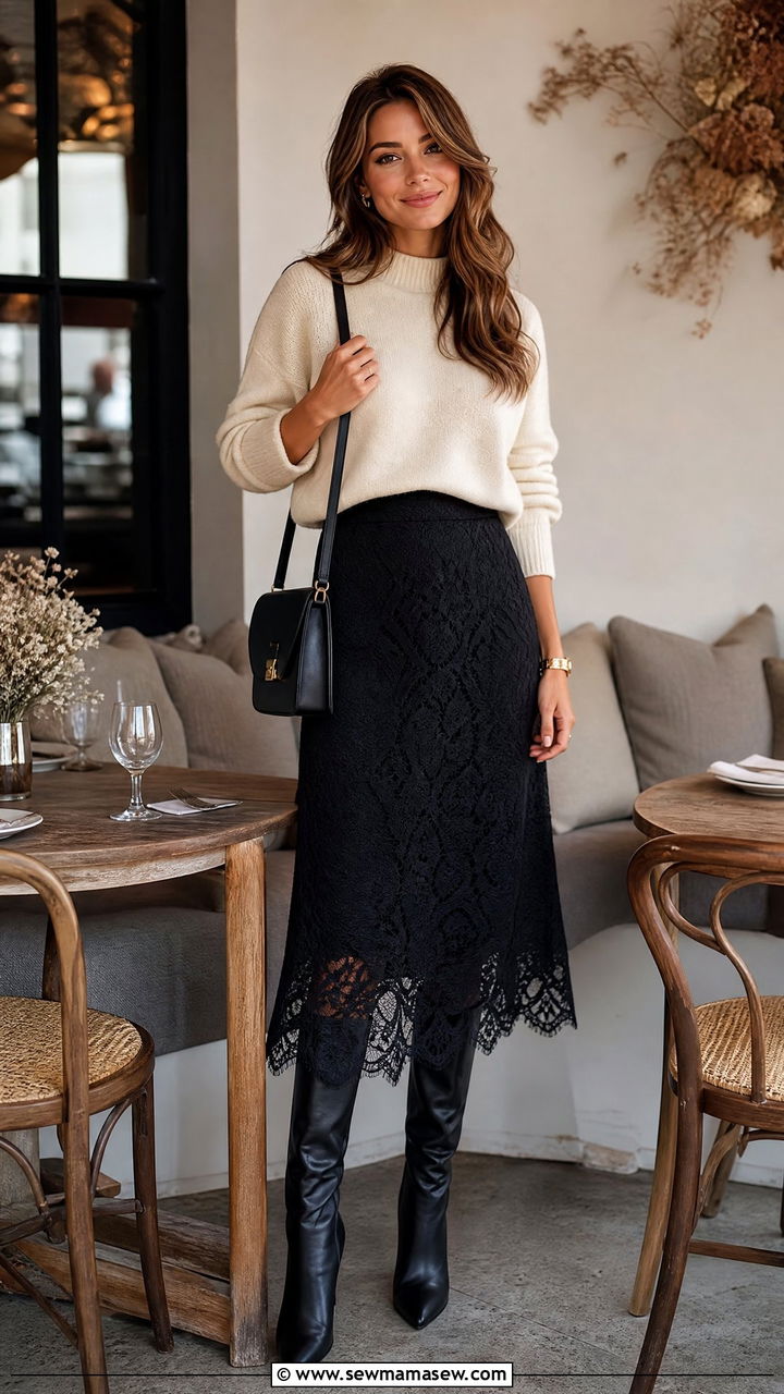 Lace Midi Skirt With A Cashmere Sweater And Knee High Boots - 25 classy lace outfits