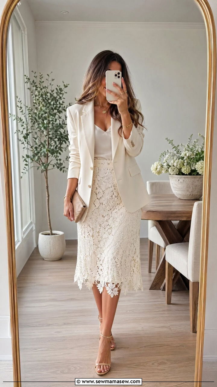 Lace Midi Skirt With A Tailored Blazer And Heeled Sandals - 35 Dinner party outfit ideas