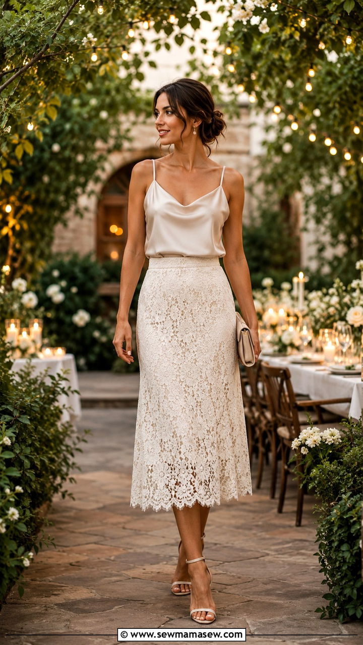 Lace Midi Skirt With Silk Camisole And Heeled Sandals - 30 Spring outfits with midi skirts