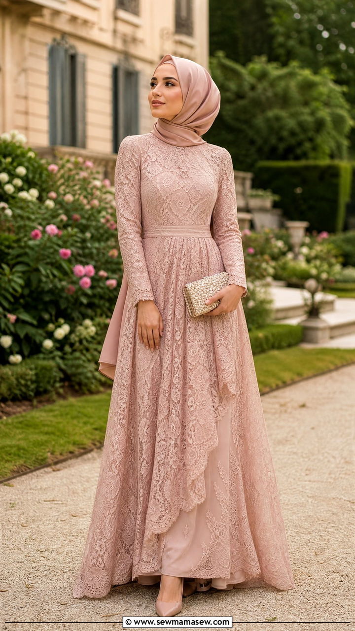 Lace Overlay Gown With Hijab - 30 Eid outfit ideas for hijabis