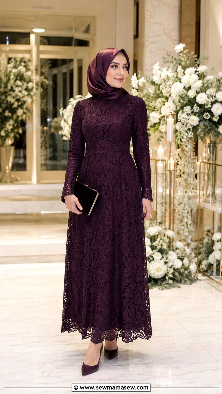 Lace Overlay Maxi Dress With High Neck - 30 Modest wedding guest outfit ideas for Muslim women