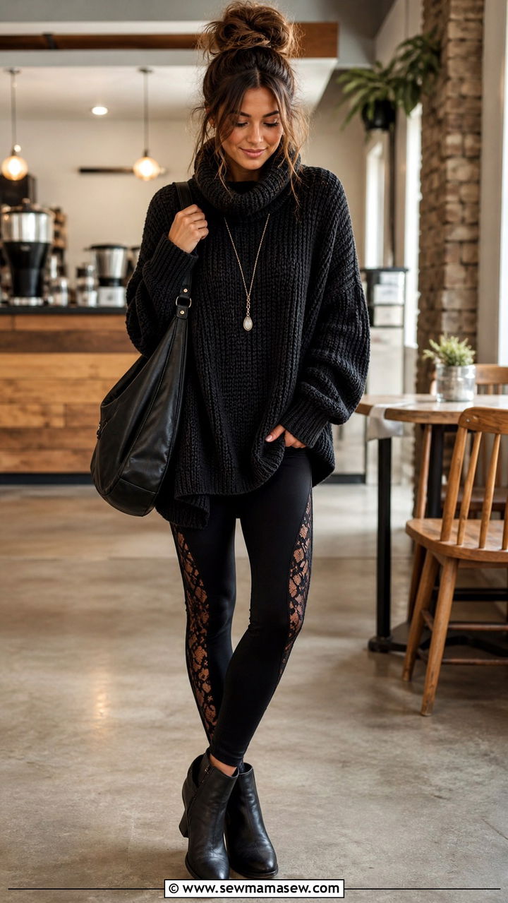 Lace Panel Leggings With An Oversized Sweater - 40 lace outfits for women