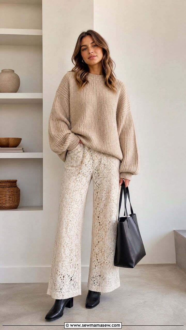 Lace Pants with Chunky Knit Sweater and Ankle Boots - 35 lace outfits