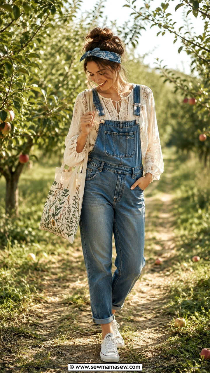 Lace Peasant Blouse With Denim Overalls - 25 Boho outfit ideas with peasant blouse