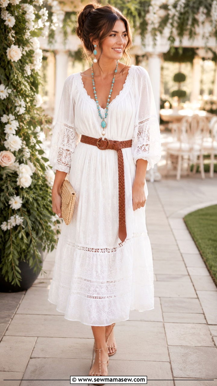 Lace Peasant Dress with Cinched Waist and Turquoise Beaded Necklace - 25 Boho outfit ideas with turquoise jewelry