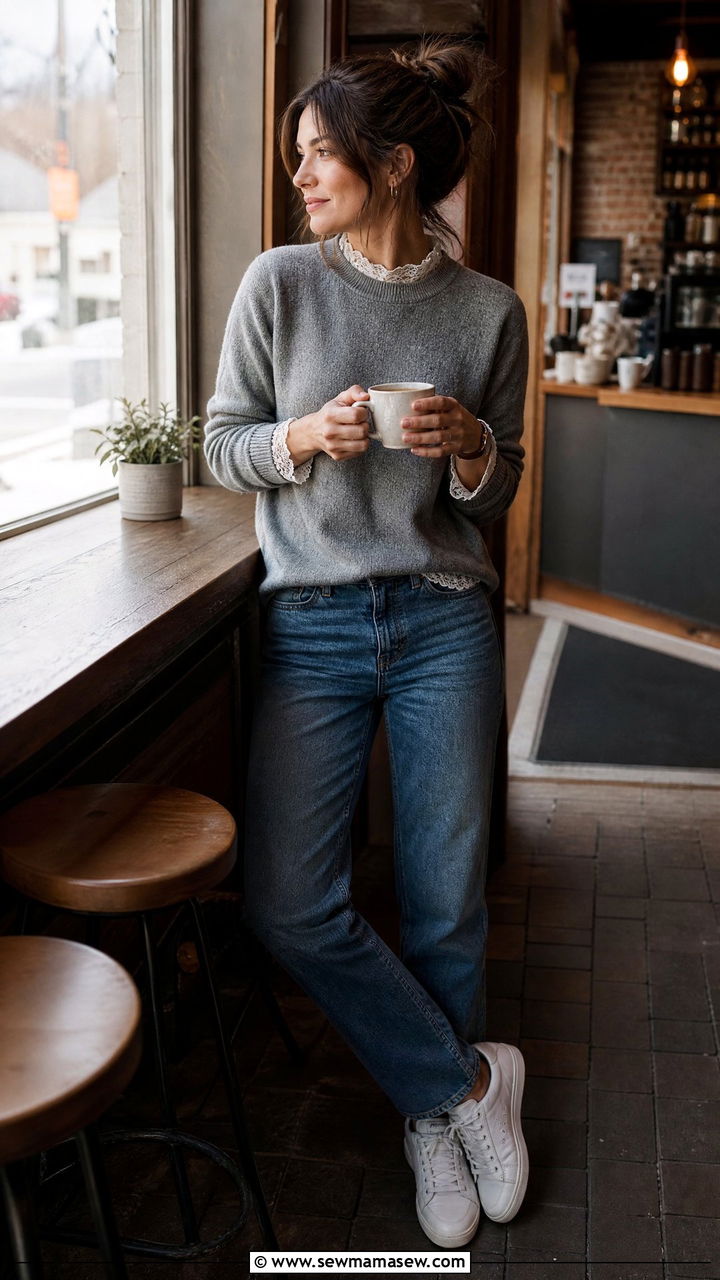 Lace Peek A Boo Top Under Crewneck Sweater Outfit - 35 lace outfits ideas