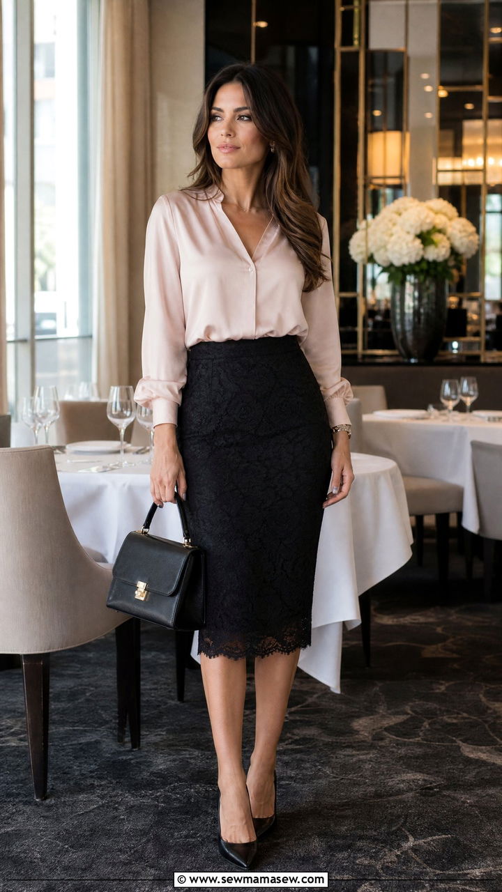 Lace Pencil Skirt With Silk Blouse And Pointed Pumps - 25 classy lace outfits
