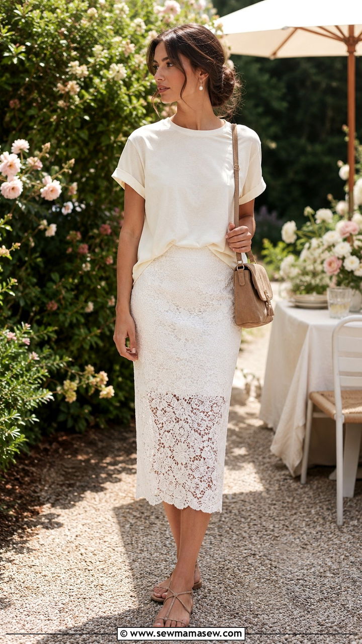 Lace Pencil Skirt with Boxy Tee - 30 Pencil skirt outfit ideas with a tee
