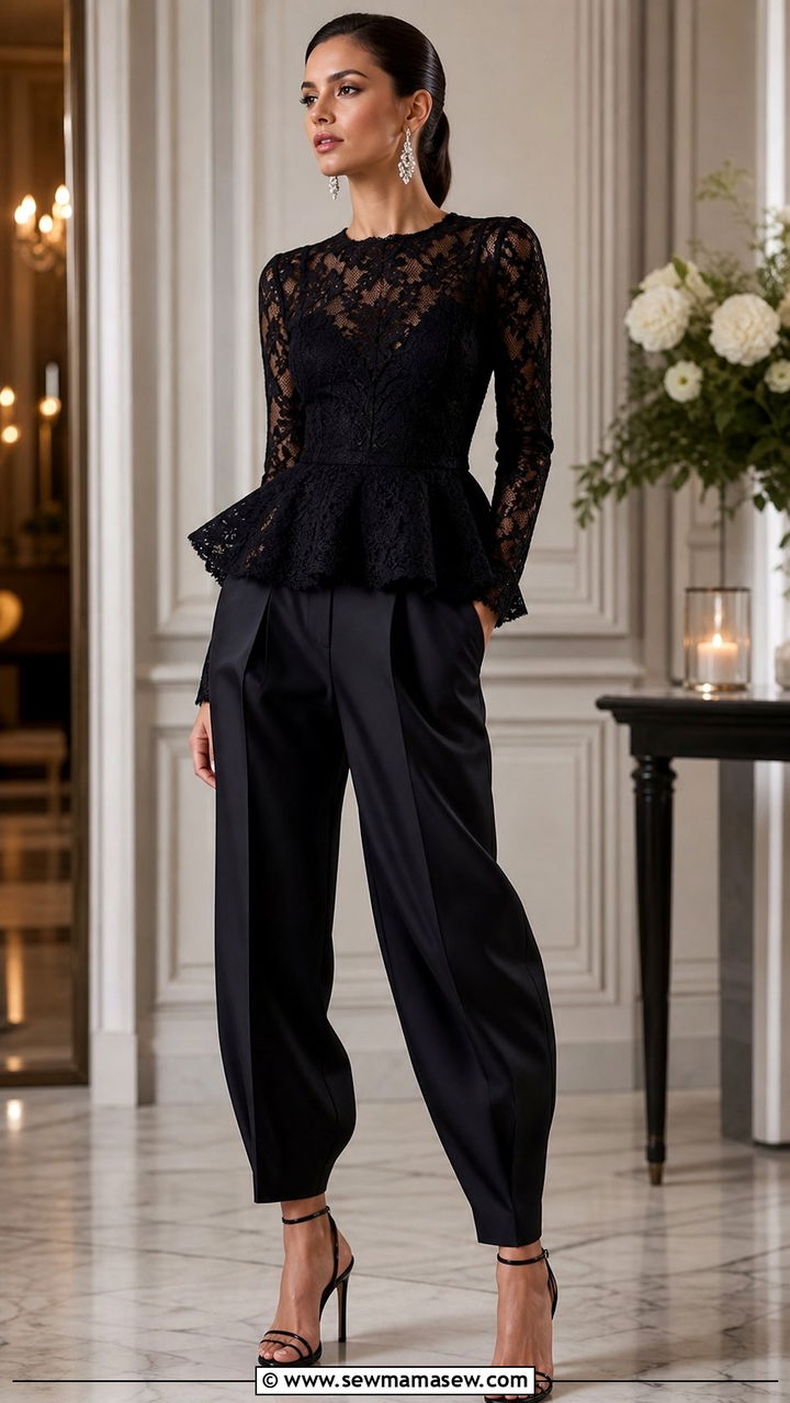 Lace Peplum Top With Black Tailored Balloon Pants Outfit - 35 balloon pants outfits ideas