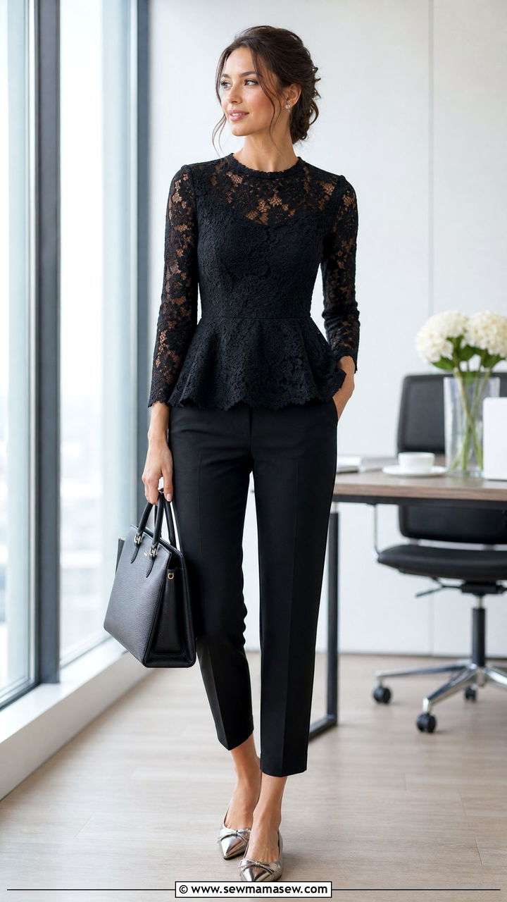 Lace Peplum Top with Cropped Trousers and Pointed Toe Flats - 35 lace outfits