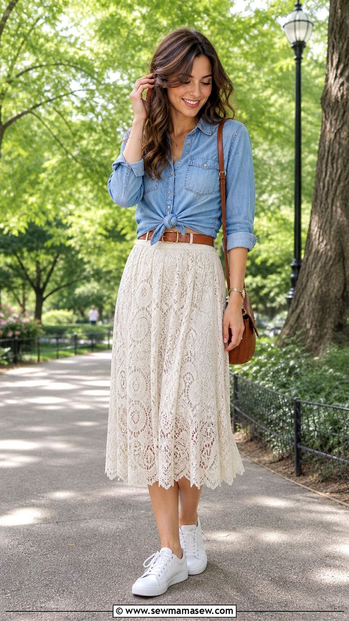 Lace Skirt With Denim Shirt Outfit - 40 casual lace outfits