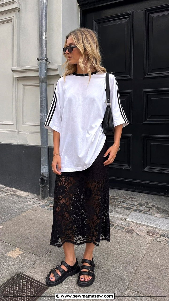 Lace Skirt With Oversized Tee And Chunky Sandals - 30 Danish outfit ideas