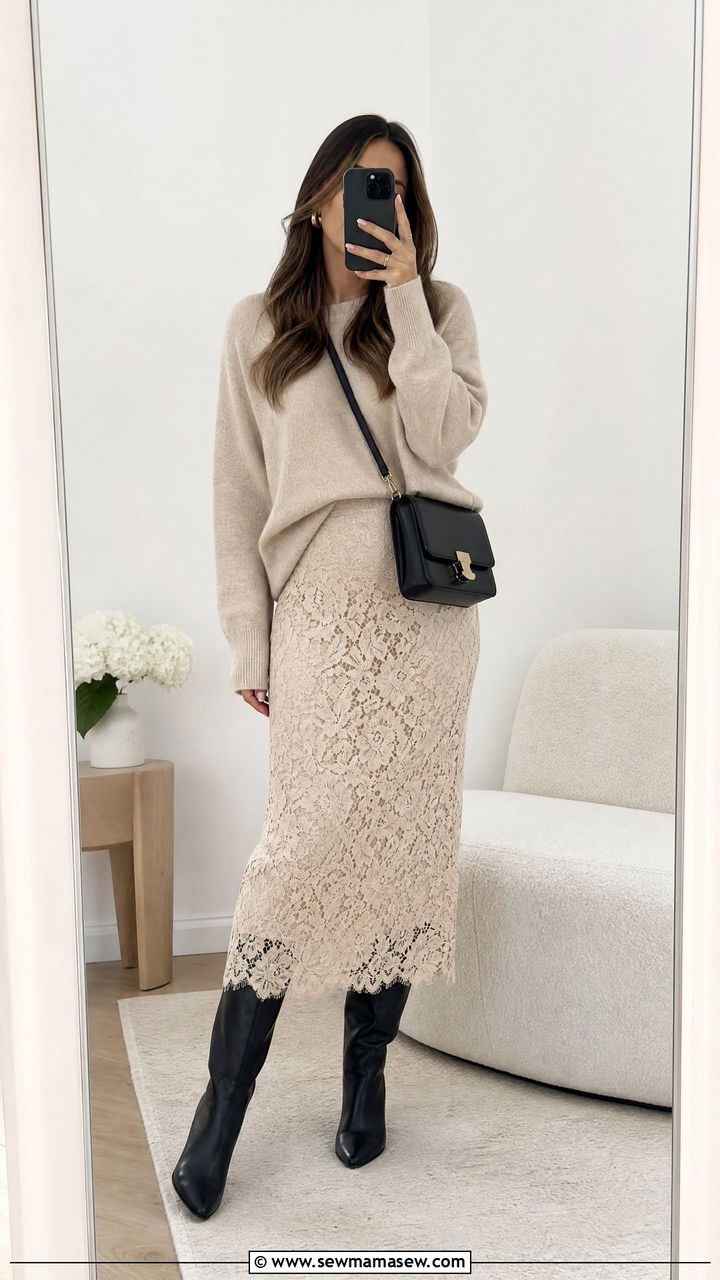 Lace Skirt with Cashmere Sweater and Knee High Boots - 35 lace outfits