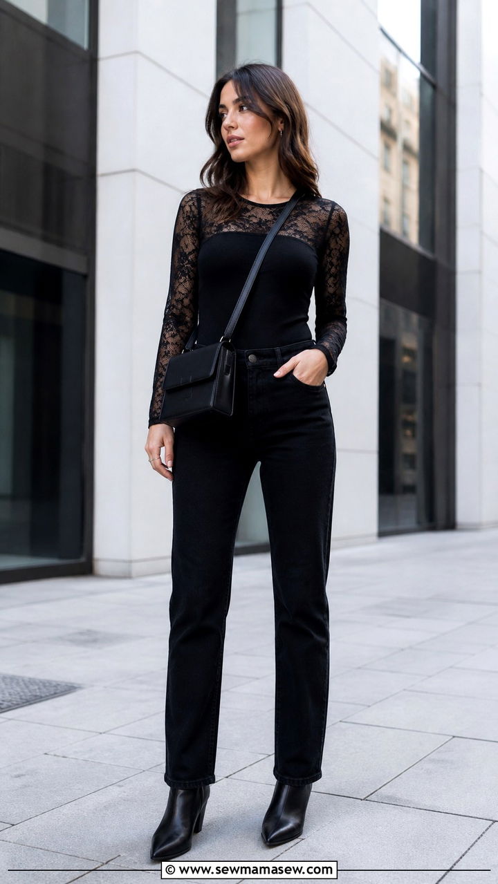 Lace Sleeve Top With Black Jeans Outfit - 40 casual lace outfits