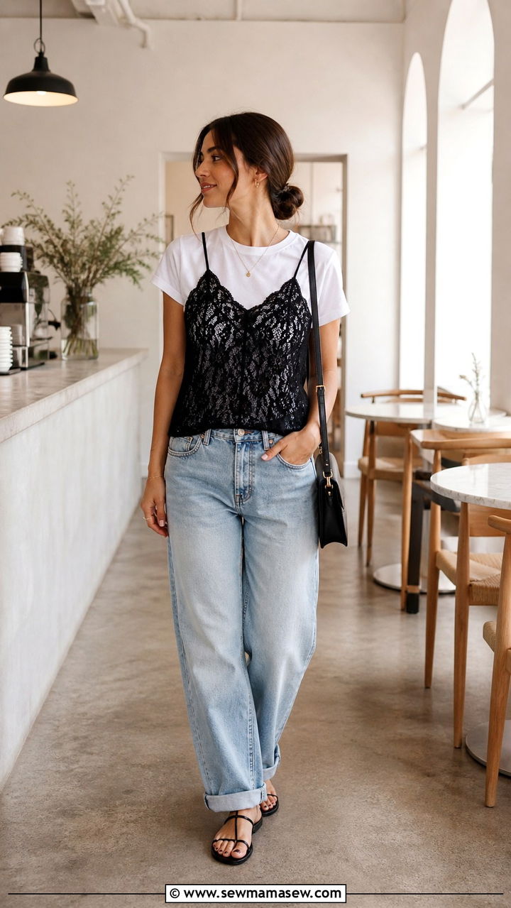 Lace Slip Dress Over Tailored Trousers - 40 casual lace outfits