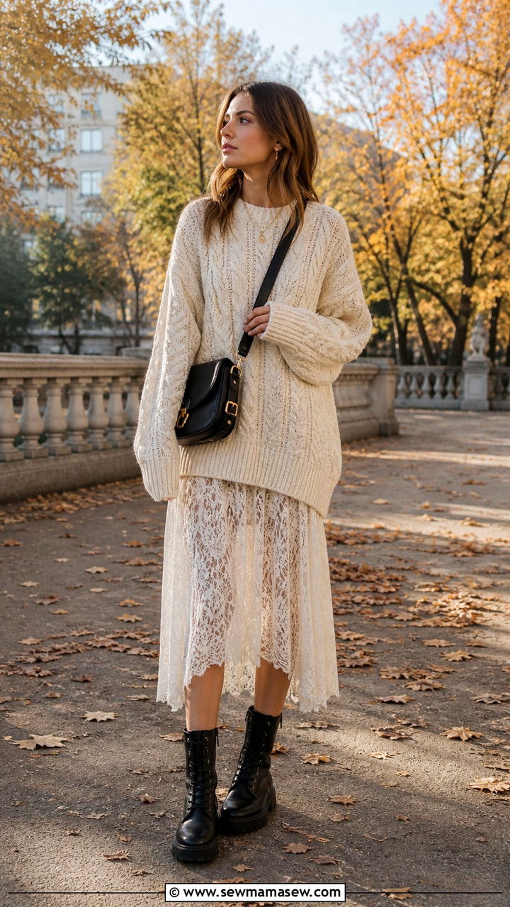 Lace Slip Dress With Chunky Knit Sweater - 40 lace outfits for women