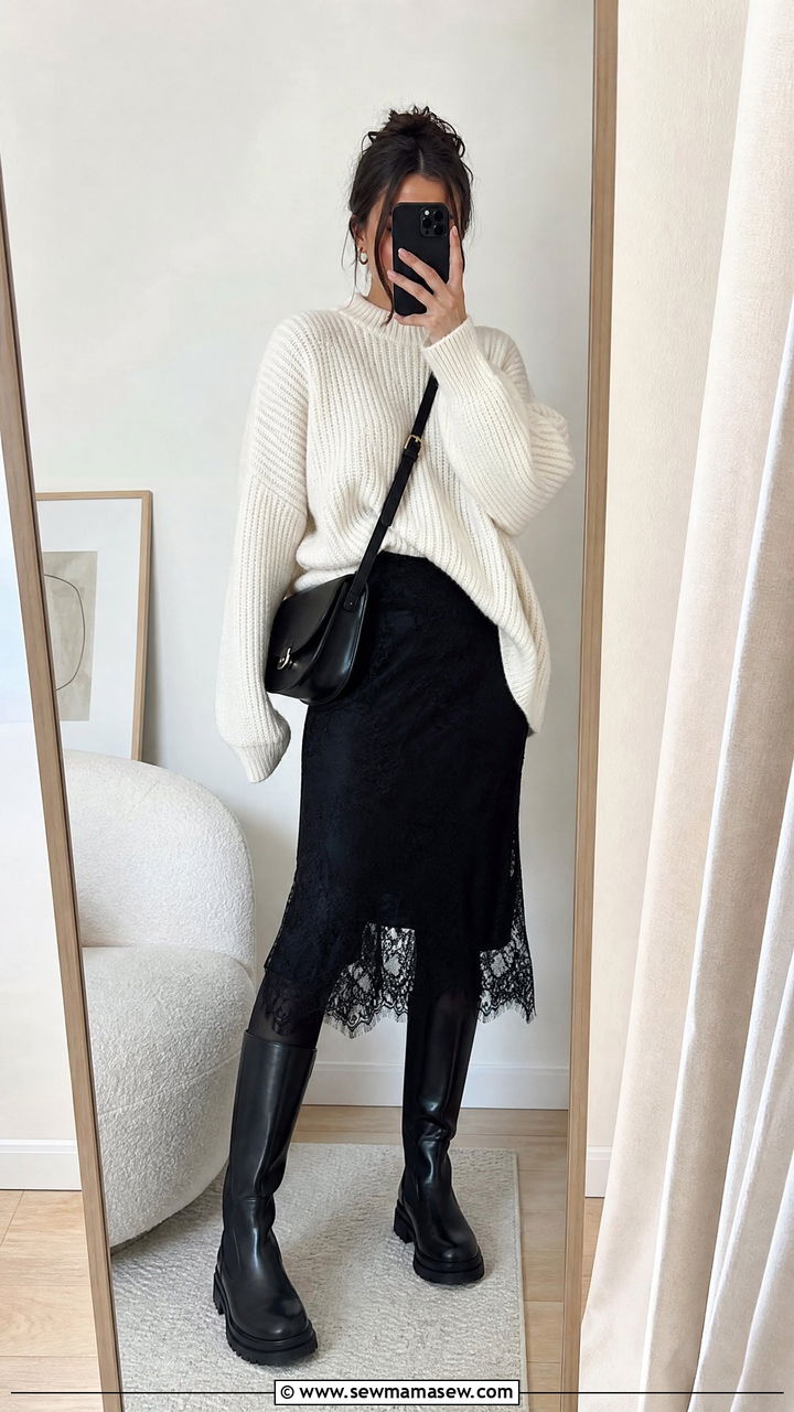 Lace Slip Skirt With Oversized Sweater And Boots - 25 lace outfits to copy