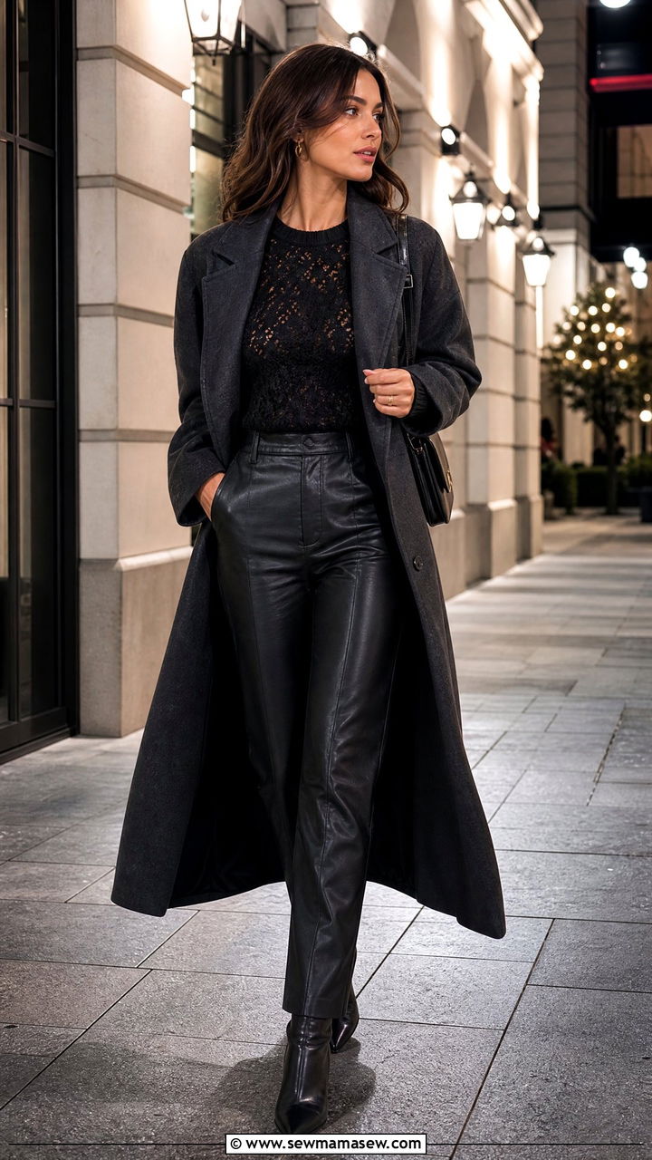 Lace Sweater With Faux Leather Trousers And Pointed Toe Boots - 25 lace outfits to copy