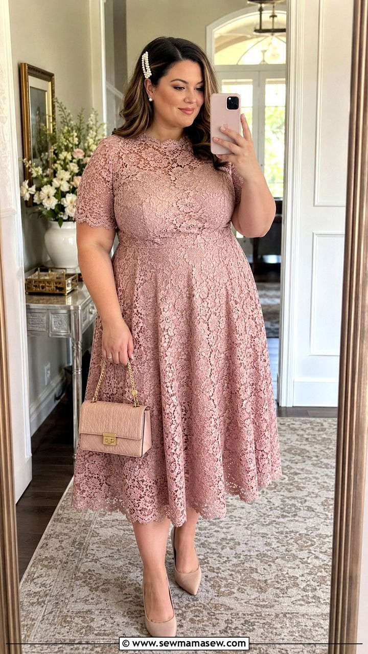 Lace Tea Length Dress With Nude Pumps - 30 plus size spring wedding guest outfit ideas
