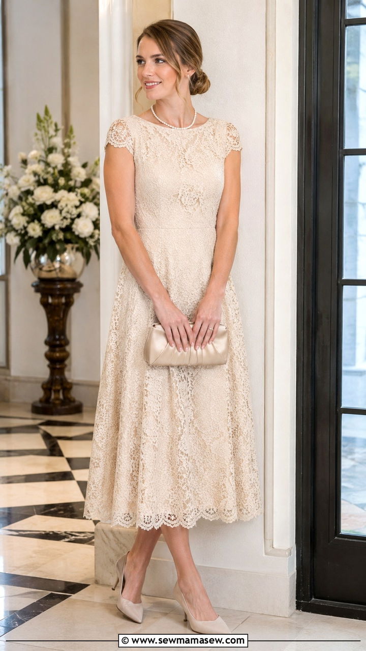 Lace Tea Length Dress With Pearl Accessories - 20 Wedding guest outfit ideas tea length dress