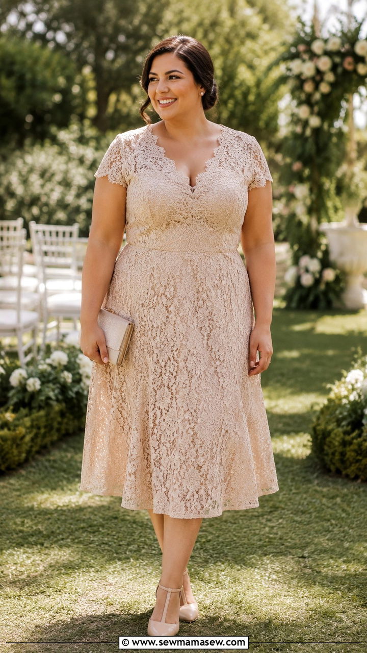 Lace Tea Length Dress With T Strap Heels - 30 Plus size outfit ideas for wedding guest