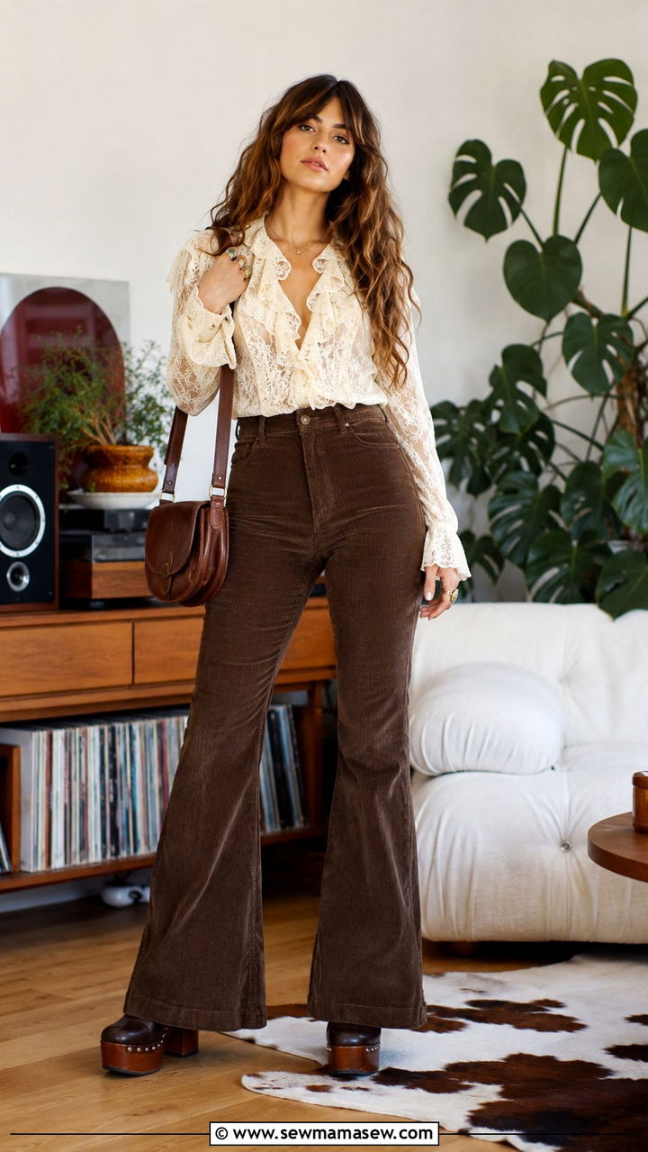 Lace Top And Corduroy Flares Outfit - 25 boho chic capsule wardrobe outfits