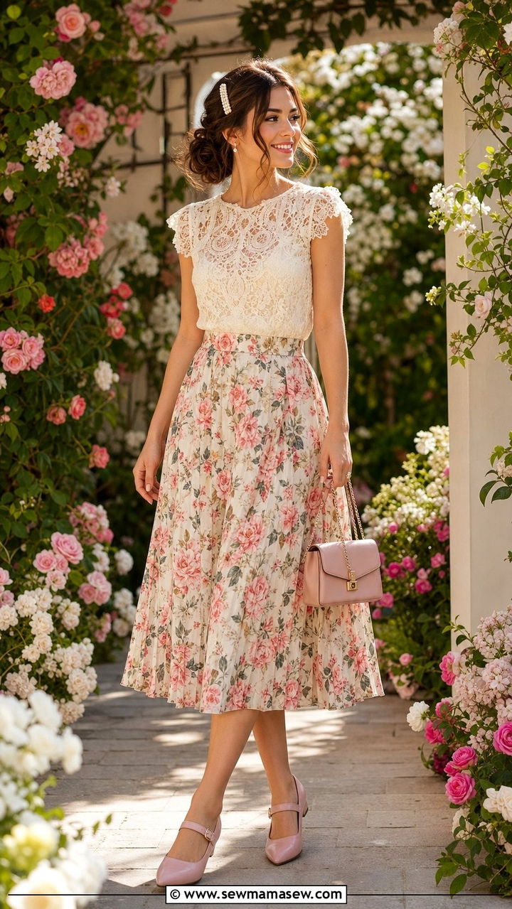 Lace Top And Floral Midi Skirt With Pink Mary Janes - 25 Summer outfits with mary janes