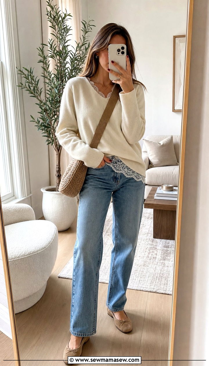 Lace Top Layering Under Sweater Spring Outfit - 25 spring outfit ideas trends