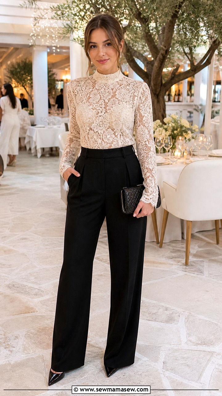 Lace Top With High Waist Tailored Trousers and Clutch - 40 French girl outfits ideas