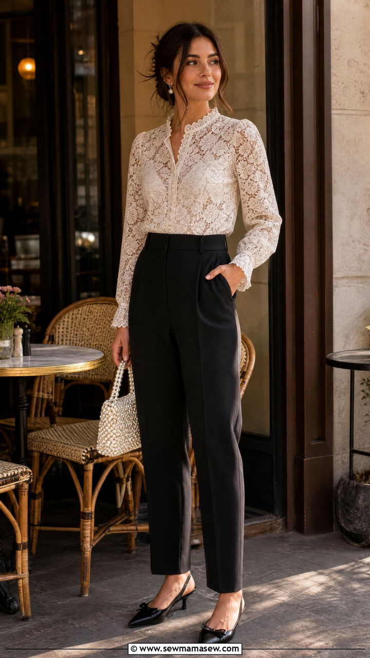 Lace Top With High Waisted Trousers - 30 Galentine's Day outfit ideas