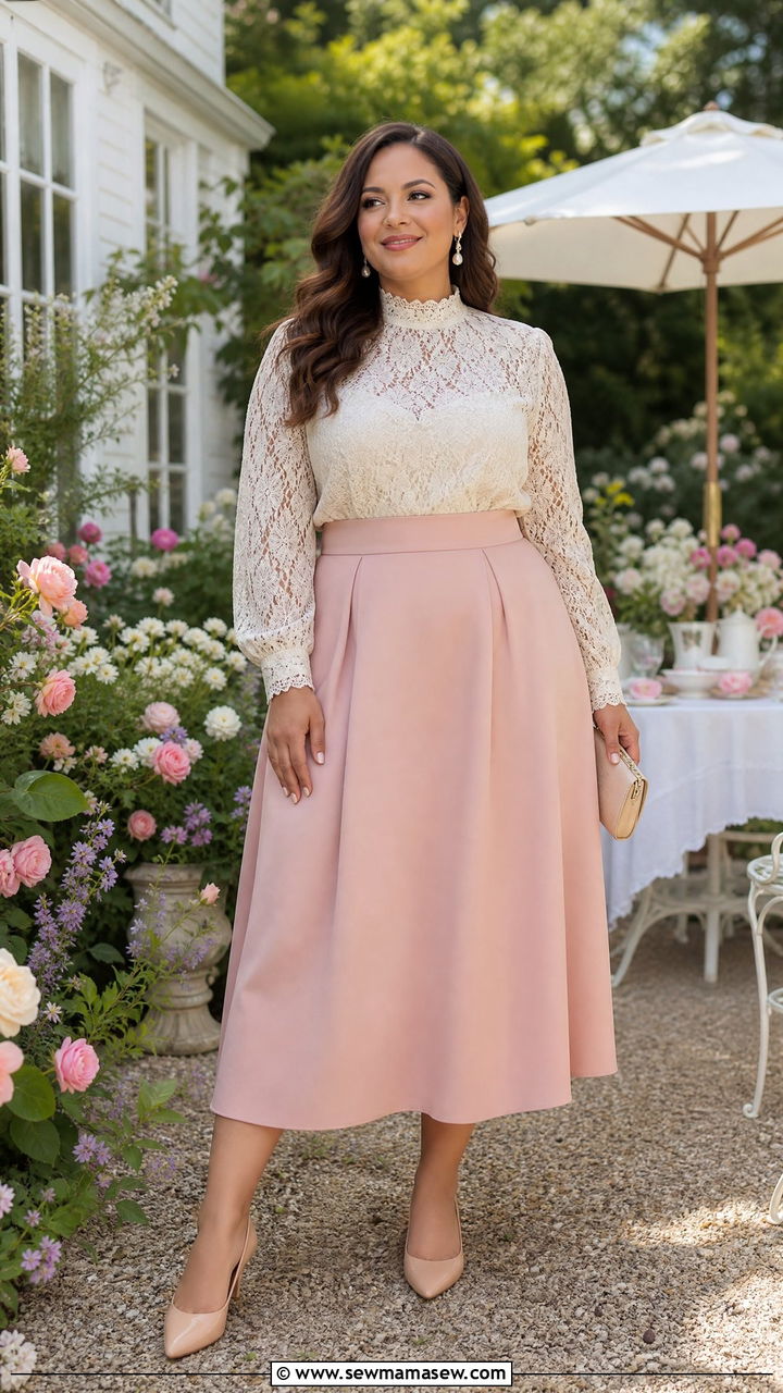 Lace Top With Midi Skirt And Pointed Flats - 30 classy outfits for curvy women