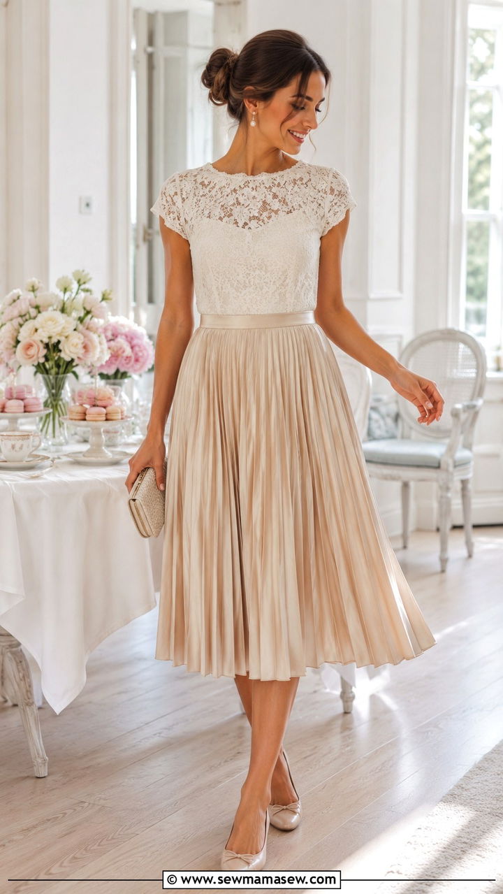 Lace Top With Pleated Midi Skirt And Ballet Flats - 30 classy birthday outfit ideas
