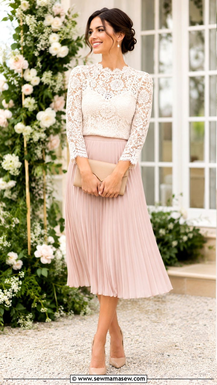 Lace Top With Pleated Midi Skirt And Pointed Toe Heels - 30 Pleated skirt outfit ideas with heels