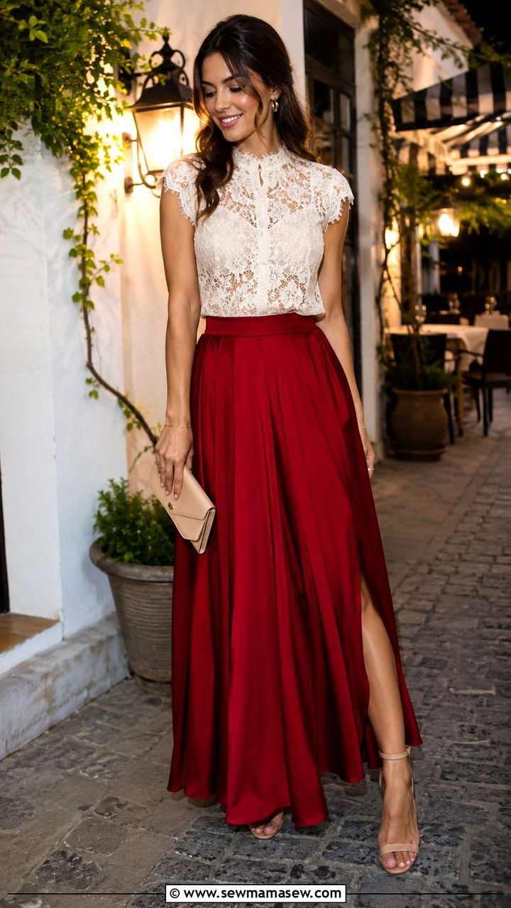 Lace Top With Red Maxi Skirt - 30 romantic outfit ideas for women