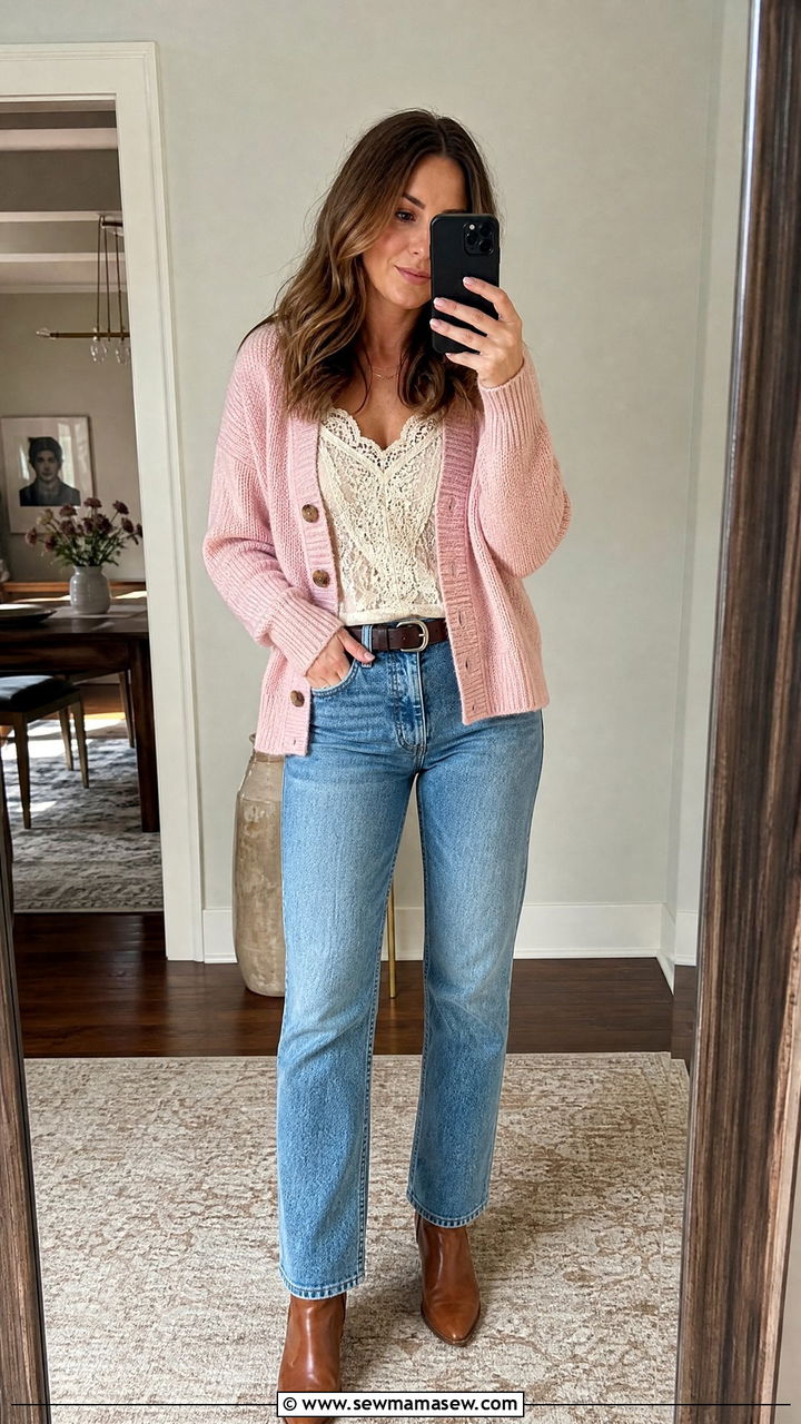 Lace Top under Cozy Knit Cardigan with Jeans - 30 modest country concert outfit ideas