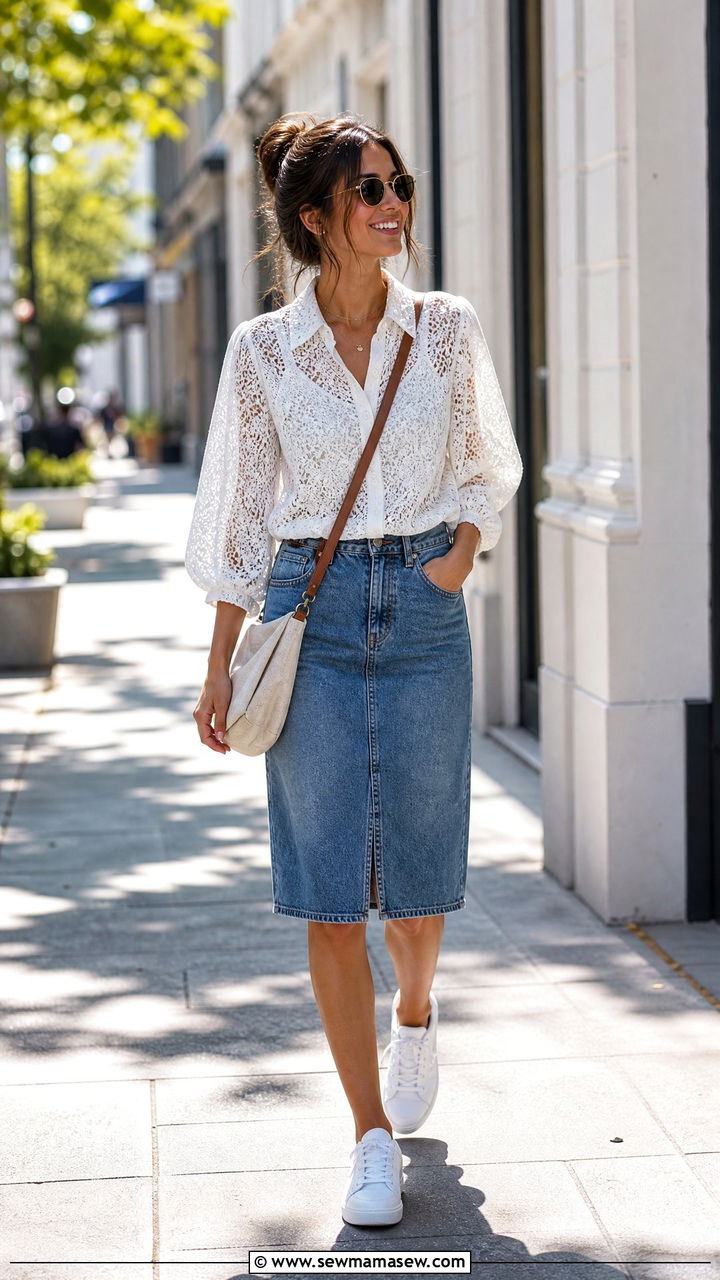 Lace Top with Denim Skirt and White Sneakers - 35 lace outfits